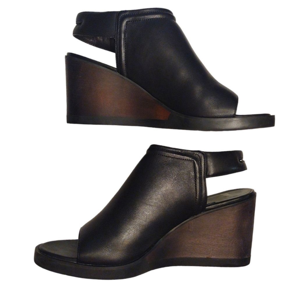 CAMPER Limi Black Leather Open Toe Wooden Wedge Sandal, Size 39 / US 8.5